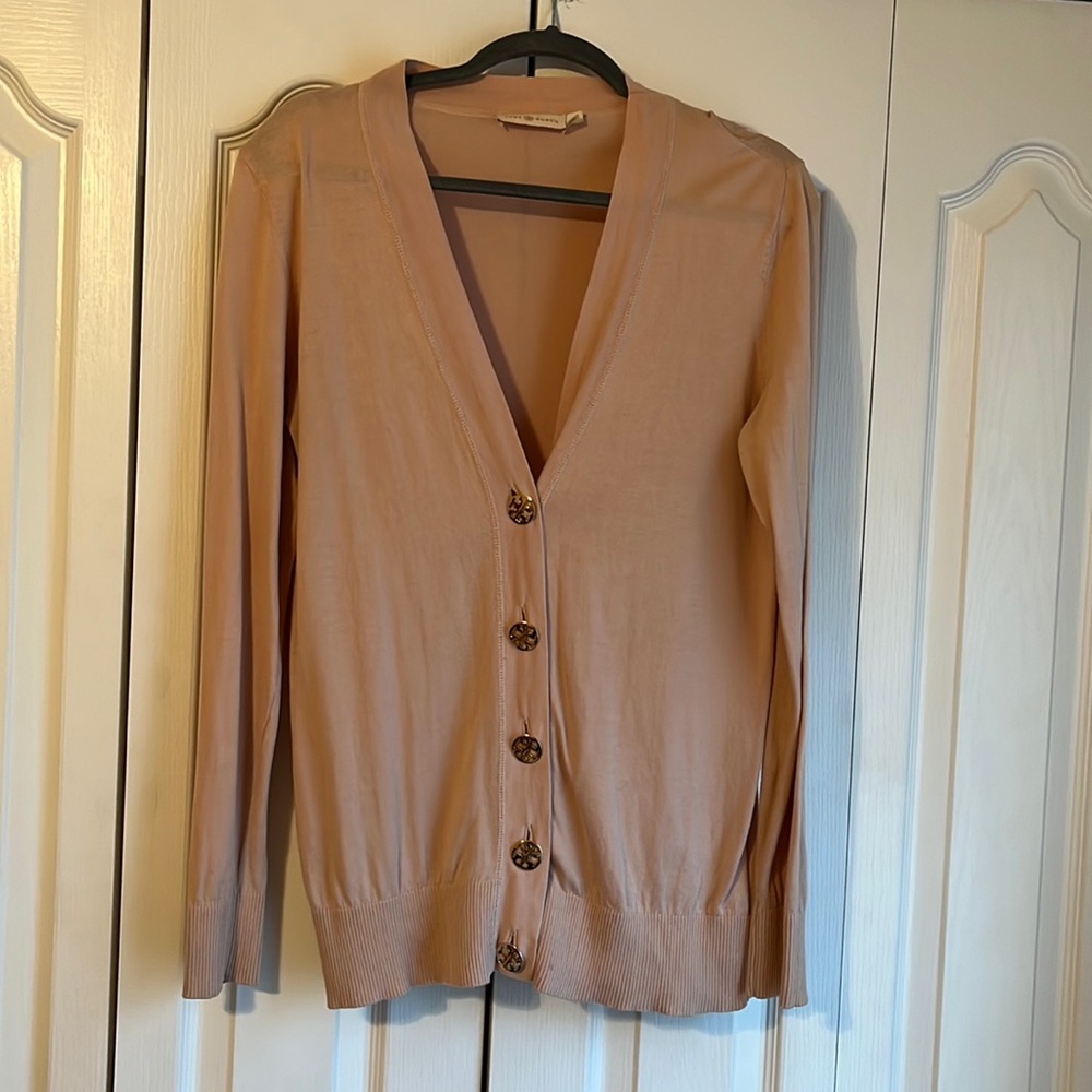 Tory Burch Cotton Logo Button Front Cardigan Sweater V Neck Beige Size Large Tan